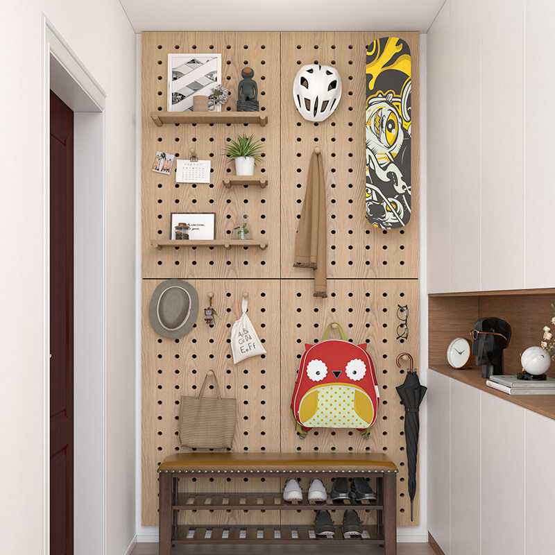 洞洞板实木家用墙上置物架玄关展示陈列架客厅木质墙壁隔板收纳架