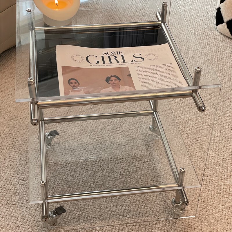 移动床头柜亚克力不锈钢小推车可移动边几客厅透明亚克力配黑色角