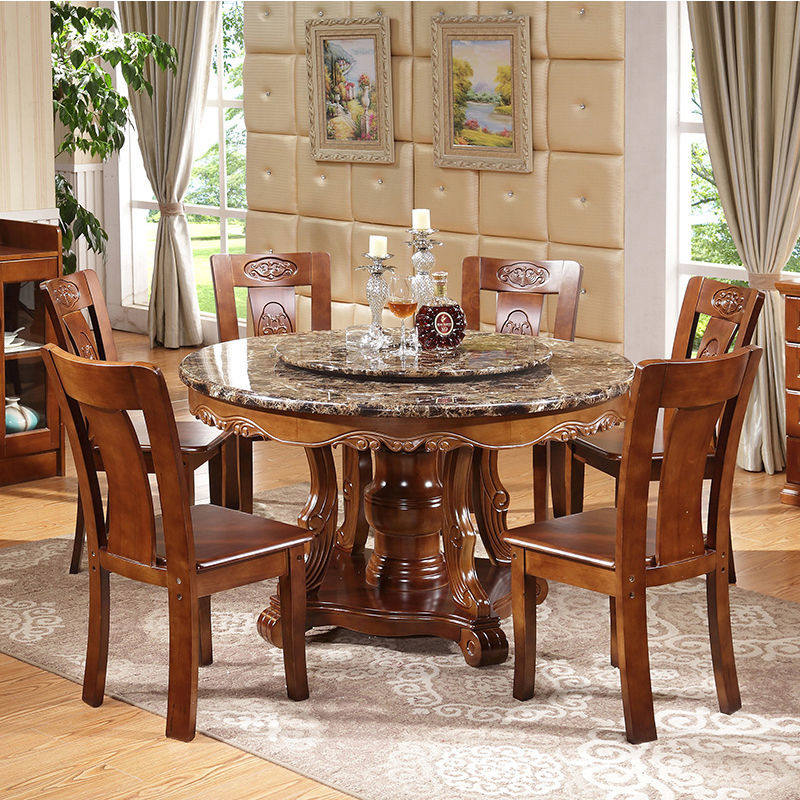 中式大理石圆桌酒店饭店大圆桌带转盘圆形餐桌家用全实木餐桌椅