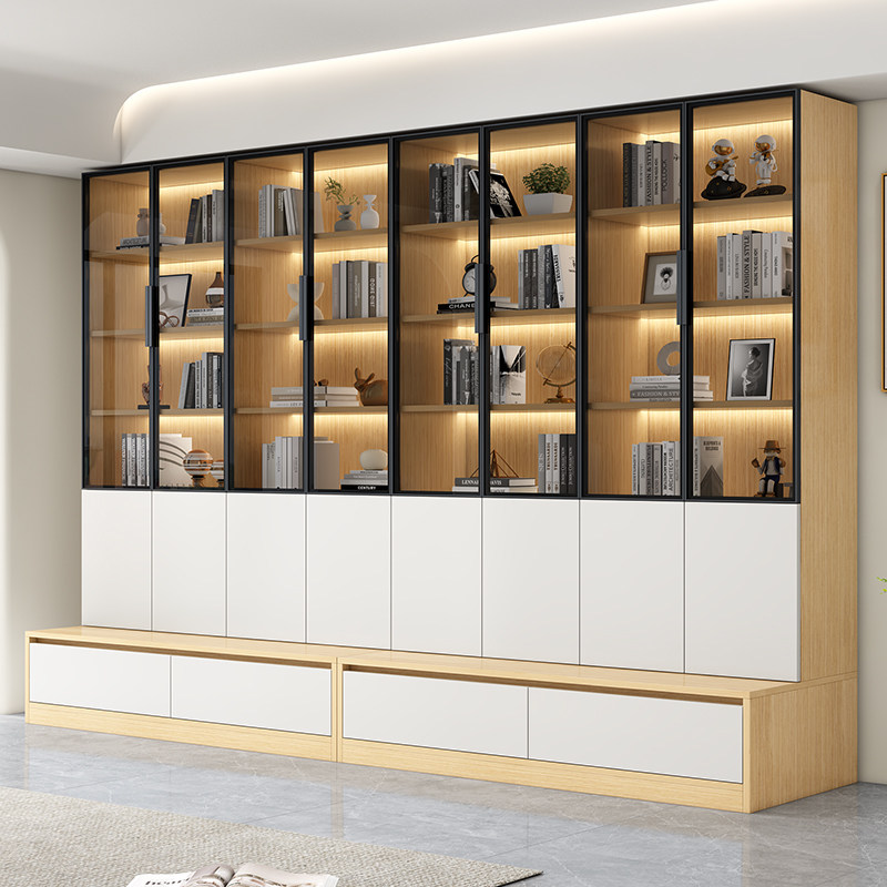 书柜定制客厅整墙一体到顶书架满墙柜玻璃可座展示柜奶油风手办柜