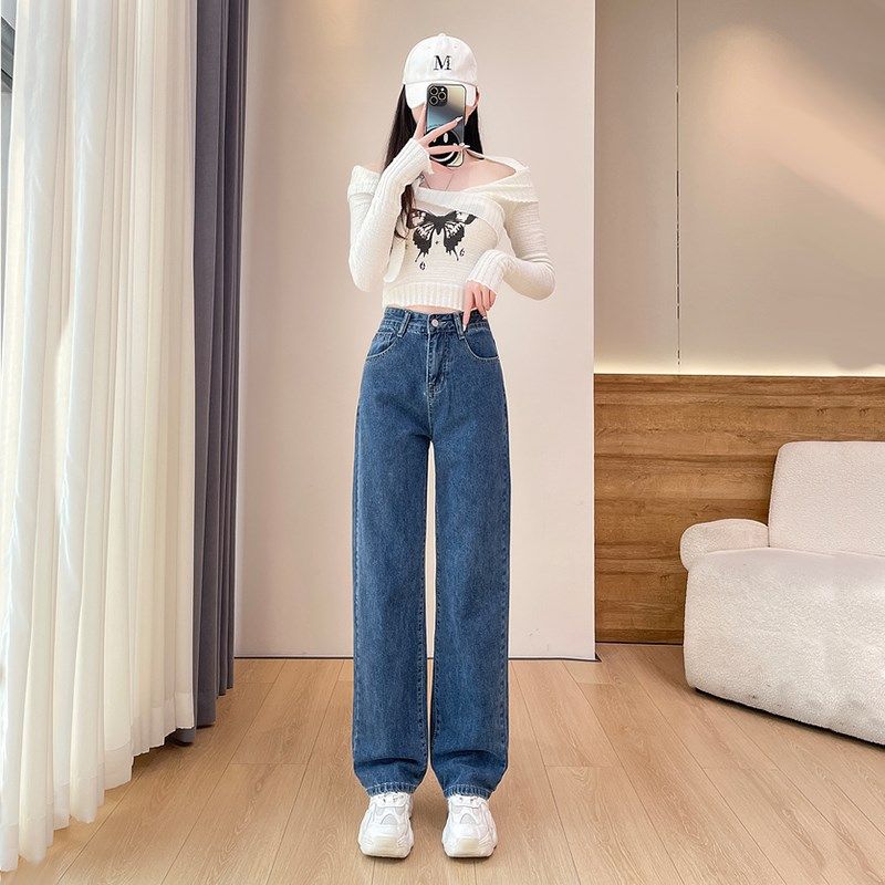 白色牛仔裤女小个子无弹力软面料直筒窄板阔腿宽松显瘦垂坠感春秋