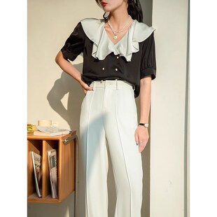 黑色短袖荷叶边衬衫女2025年夏季新款娃娃领缎面衬衣高级感上衣
