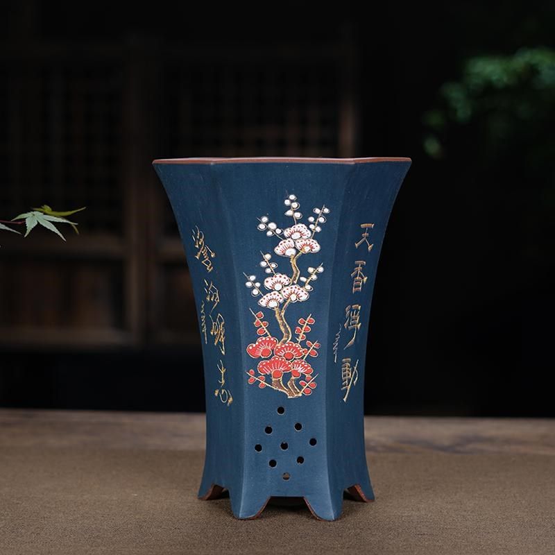 宜兴紫砂花盆束腰六方兰花盆景盆栽金弹子多肉盆全手工精品绿植盆