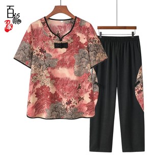 中老年人夏装套装女奶奶短袖T恤新款妈妈薄款衣服老人宽松两件套