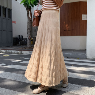 秋冬针织裙女半身裙2022新款 遮跨褶皱加厚大摆毛线裙子百褶a字裙