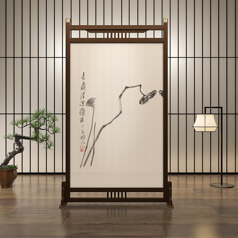 新中式实木移动屏风隔断客厅入户玄关榫卯遮挡座屏定制禅意莲蓬