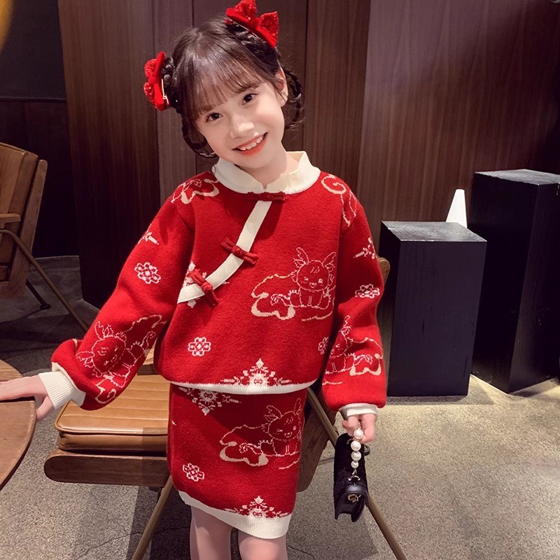 女童中国风针织连衣裙秋冬2024新款小女孩洋气公主裙新年拜年衣服