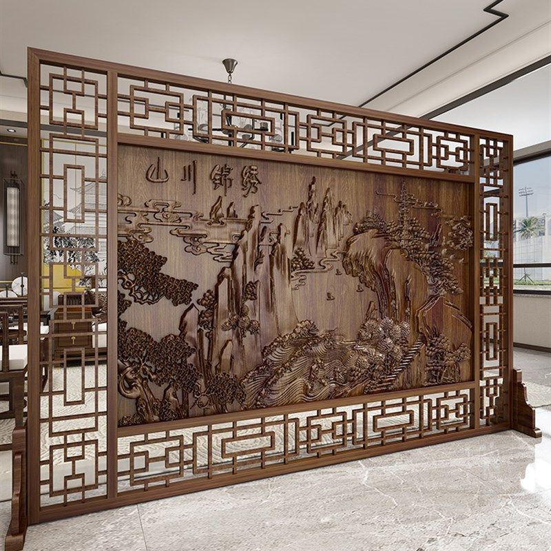 中式镂空实木雕花屏风隔断客厅酒店大堂影壁办公室背景墙浮雕座屏