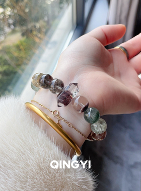 天然水晶手链男女款绿幽灵水晶手串招财原创设计简约新中式