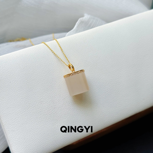 天然青海和田玉藕粉桶珠吊坠18k金路路通女款玉石挂件送朋友礼物