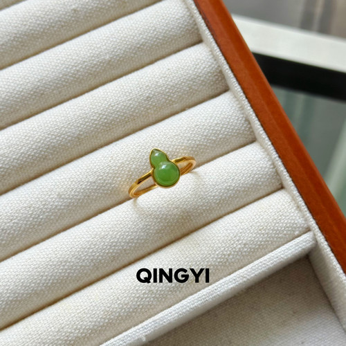 天然俄料和田玉碧玉葫芦戒指s925银女款菠菜绿玉石指环送朋友礼物
