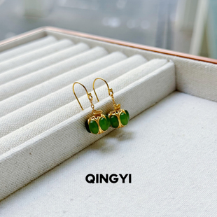 天然俄料和田玉碧玉耳坠s925银女款玉石耳饰柿柿如意送朋友礼物