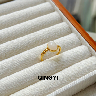 天然青海料和田玉藕粉戒指女款s925银蛋面玉石指环手饰送朋友礼物