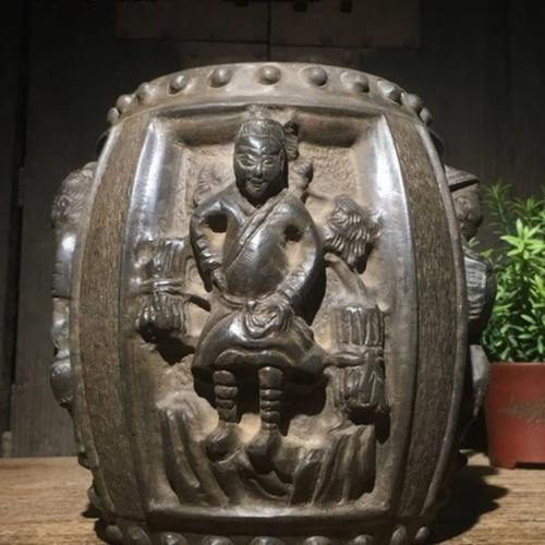 古董古玩老石雕旧石器仿古山西青石渔樵耕读石墩复古陈设摆件包邮