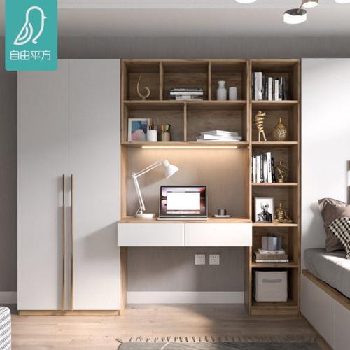 实木转角桌卧室家用简约现代书桌书柜一体组合多功能办公学习桌zy