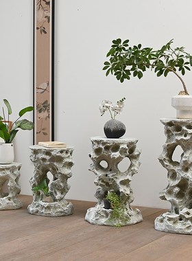 新中式太湖石彷石台花盆托 托架盆景花架I工艺品摆饰茶几假山底座