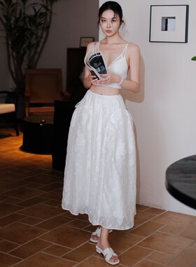 MOONA提花蕾丝 白色纱裙半身裙仙女风法式弹力高腰大摆长裙蓬蓬裙
