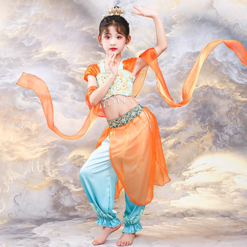敦煌飞天舞蹈演出服儿童汉服古韵女童古典反弹琵琶异域风情表演服