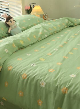 绿色小花朵纯棉四件套全棉学生三件套床单被套床上四季通用款床笠