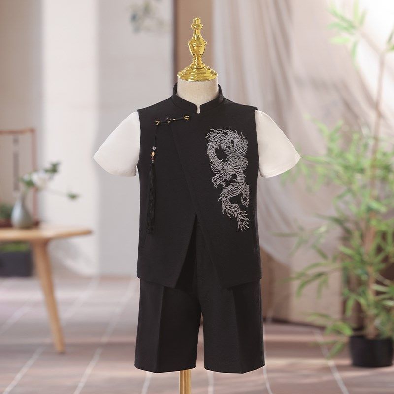 男童礼服夏季2024新款中式儿童西装套装黑色主持人钢琴演出服生日