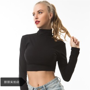 jazz爵士舞蹈露脐高腰大码 性感半截短款 女 T恤打底衫 上衣 高领长袖