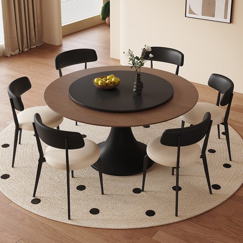 中古风实木圆桌家用小户型圆形小桌子黑胡桃木法式复古餐桌椅组合