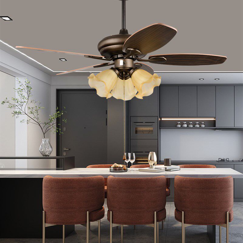 宸居美式乡村风扇灯中古餐厅风扇吊灯奶油复古吧台灯客厅吊扇灯