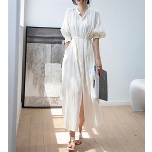 白色蓝晶天丝连衣裙女长款收腰显瘦气质V领休闲系带棉质衬衫长裙