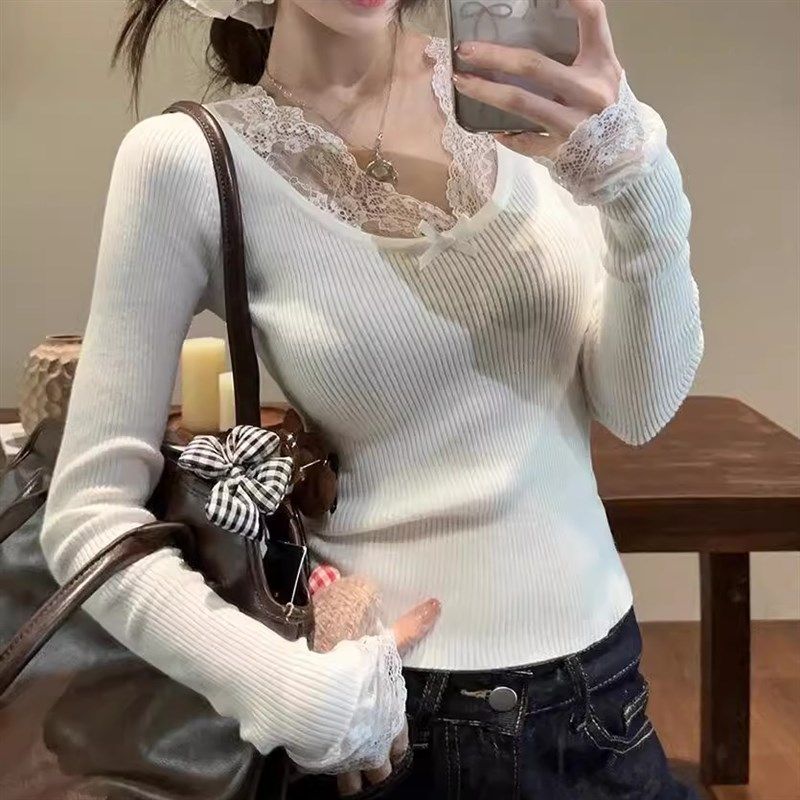 蕾丝拼接设计感白色打底衫女冬季内搭长袖T恤修身显瘦针织衫上衣