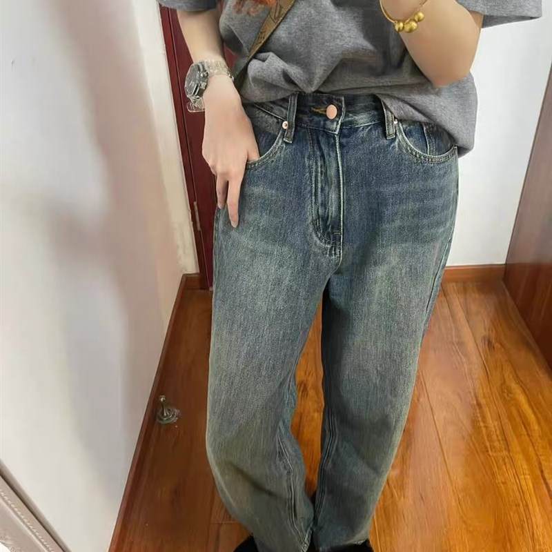 大碗plus定制大码女装微胖mm复古蓝直筒牛仔夏高腰宽松显瘦阔腿裤