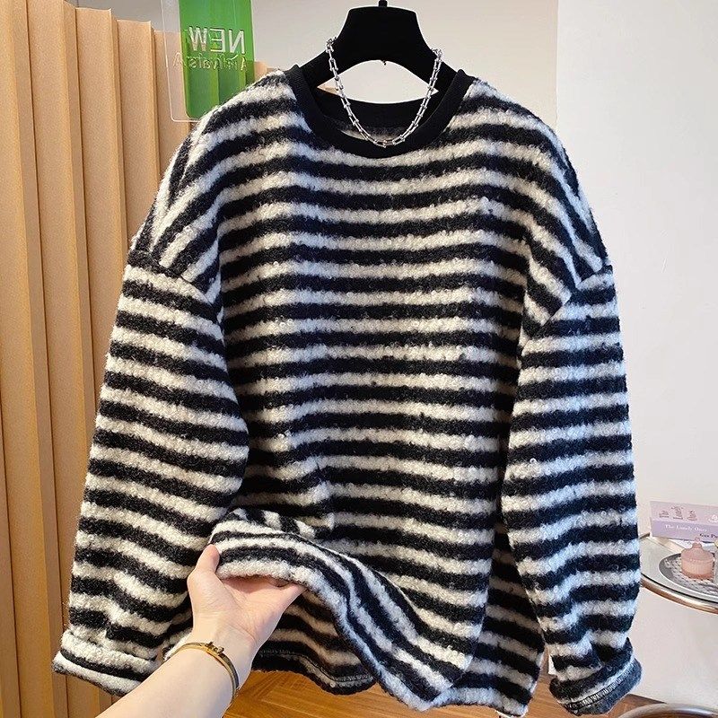 高级感黑白条纹毛衣女秋冬2025新款宽松超好看漂亮针织打底衫上衣