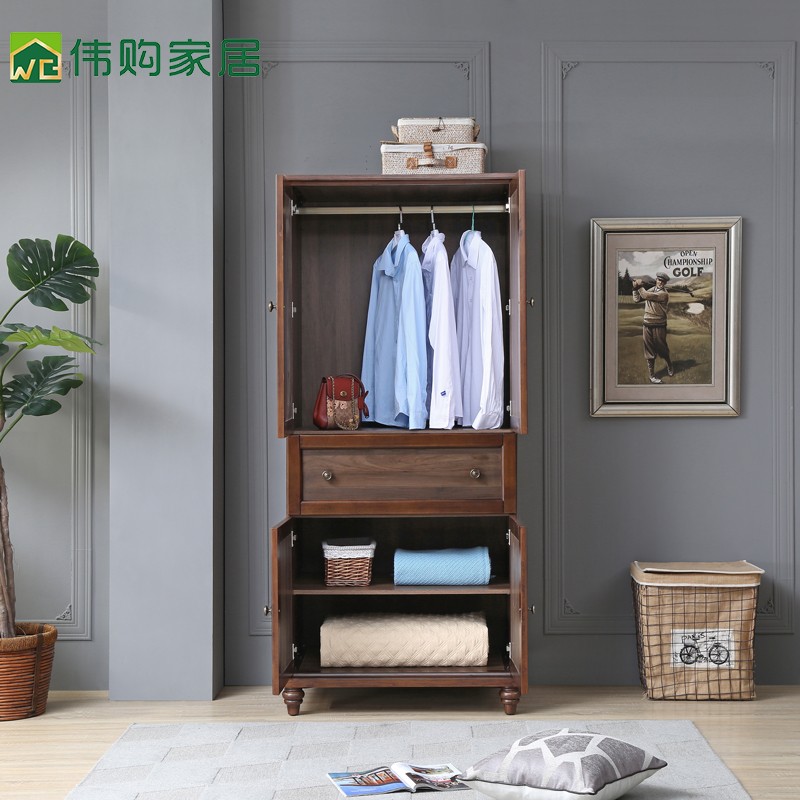 美式小户型衣柜四门有抽屉板式实木挂衣橱柜经济型简约收纳多功能