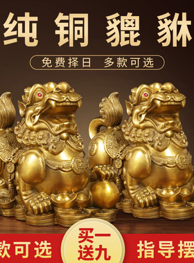 黄铜貔貅招财摆件公母一z对 中式客厅办公室旺财装饰