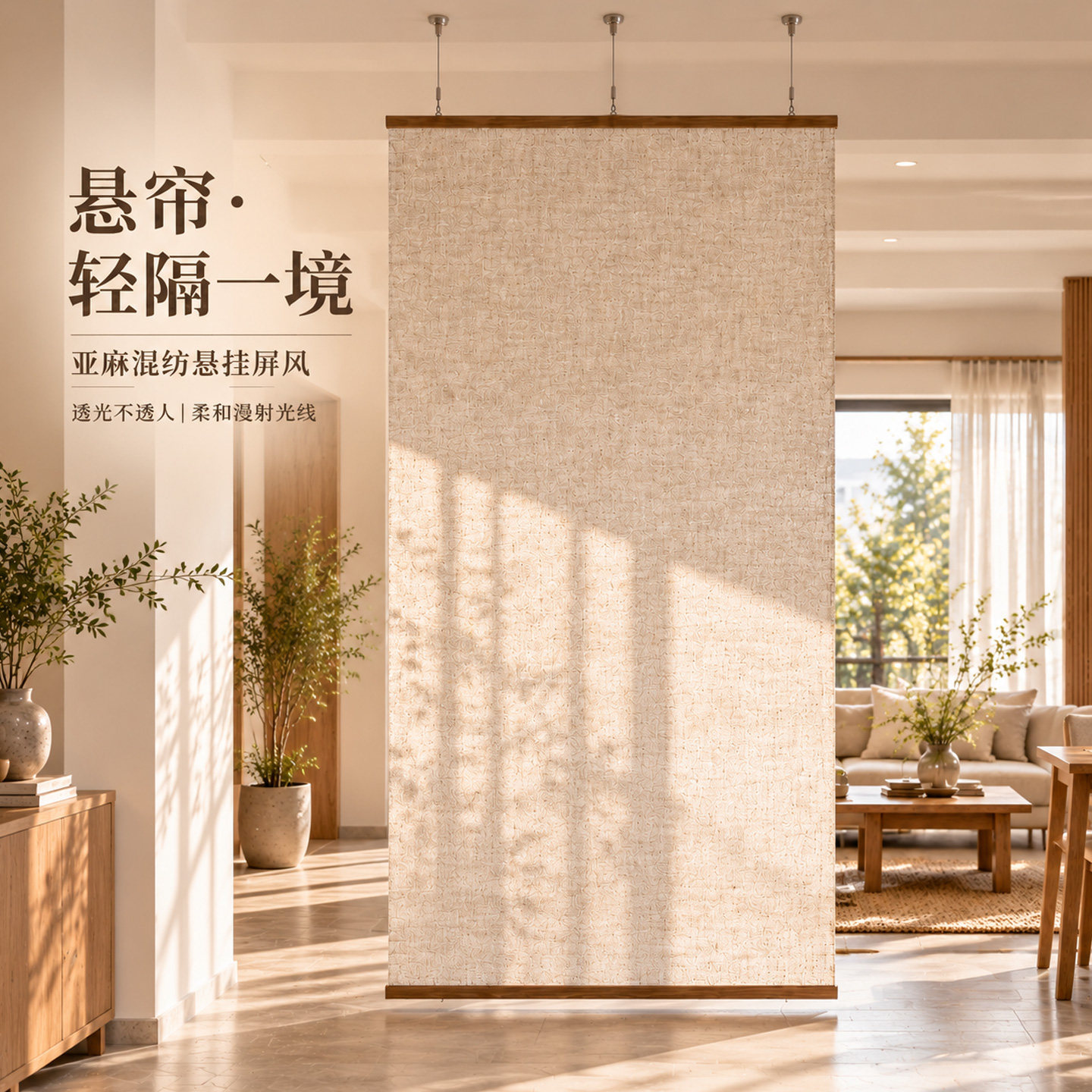 雨燕亚麻隔断帘禅意挂帘中式遮挡帘诧寂风悬挂隐私帘装饰空间家居