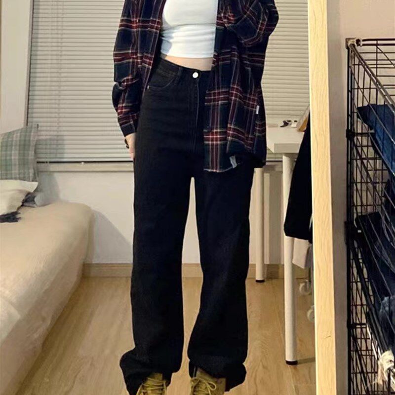 黑色宽松阔腿牛仔裤女春秋冬大码胖妹妹高腰直筒显瘦梨形身材裤子