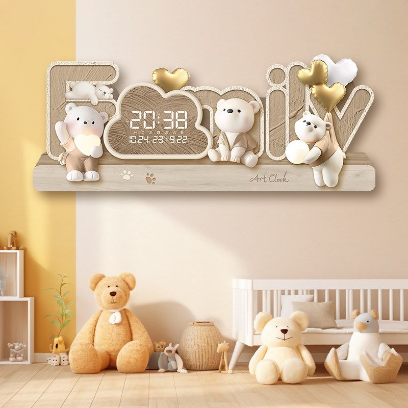 卡通奶油风装饰画带钟表插电数字电子挂钟儿童房卧室创意床头灯画
