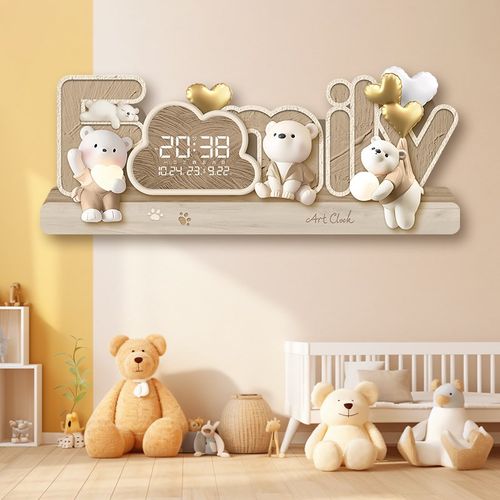 卡通奶油风装饰画带钟表插电数字电子挂钟儿童房卧室创意床头灯画