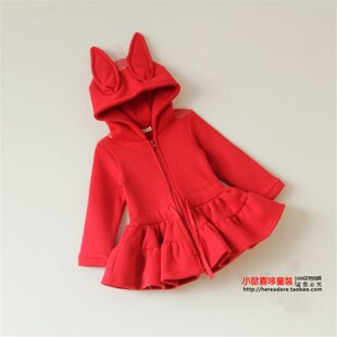 2023女童秋冬加绒儿童卫衣女宝宝兔耳朵外套大裙摆中长款