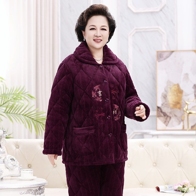 冬季中老年睡衣女珊瑚绒三层夹棉妈妈套装老人保暖家居服加厚加绒