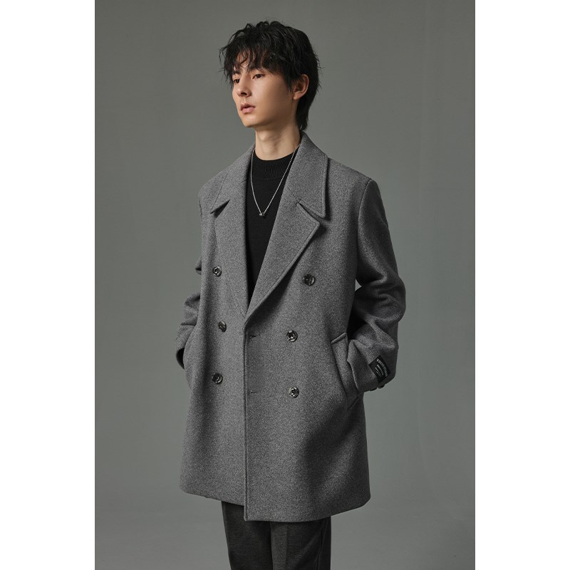 w2x秋冬季780g重磅短款羊毛呢大衣男垫肩时尚设计感妮子风衣外套
