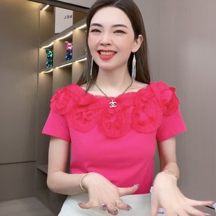 一字肩气质女神纯棉短袖上衣2024年夏季新款t恤衫显瘦荷叶边小衫