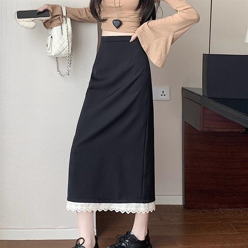 黑色花边高腰显瘦半身裙女春季大码新款a字半裙气质直筒包臀长裙
