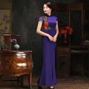 新款2021鱼尾长款弹力改良复古气质大码走秀时尚演出服旗袍晚礼服