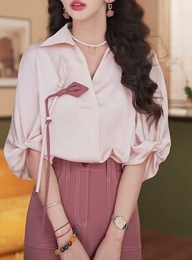 荔枝Lizhi复古港风拼色短袖衬衫女款夏季宽松显瘦高级感气质上衣