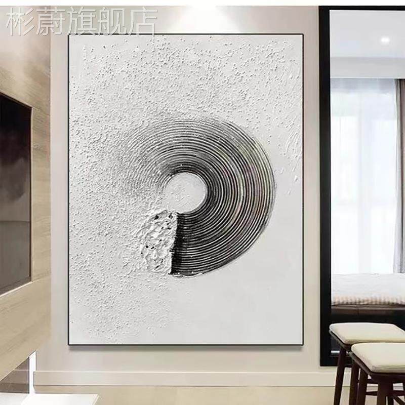 网红手绘卧创室油抽象原玄关餐厅现代F肌理画极简装饰画黑白厚客
