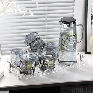 烟灰玻璃水具套装大容量冷水壶耐高温凉水壶家用果汁壶少女扭扭杯
