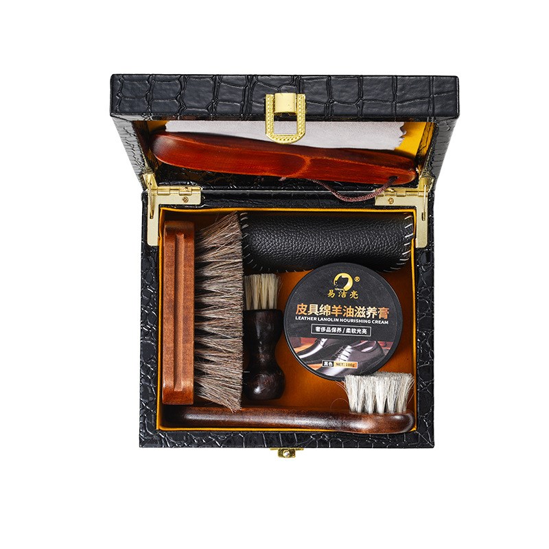 马毛刷黑色绵羊油8件皮鞋油鞋刷皮革清洁保养护理抛光工具套装