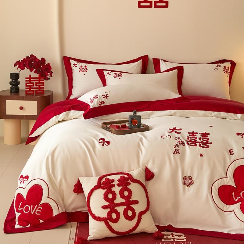 婚庆四件套全棉喜庆花朵贴布绣被套红色结婚床单新婚嫁娶床上用品