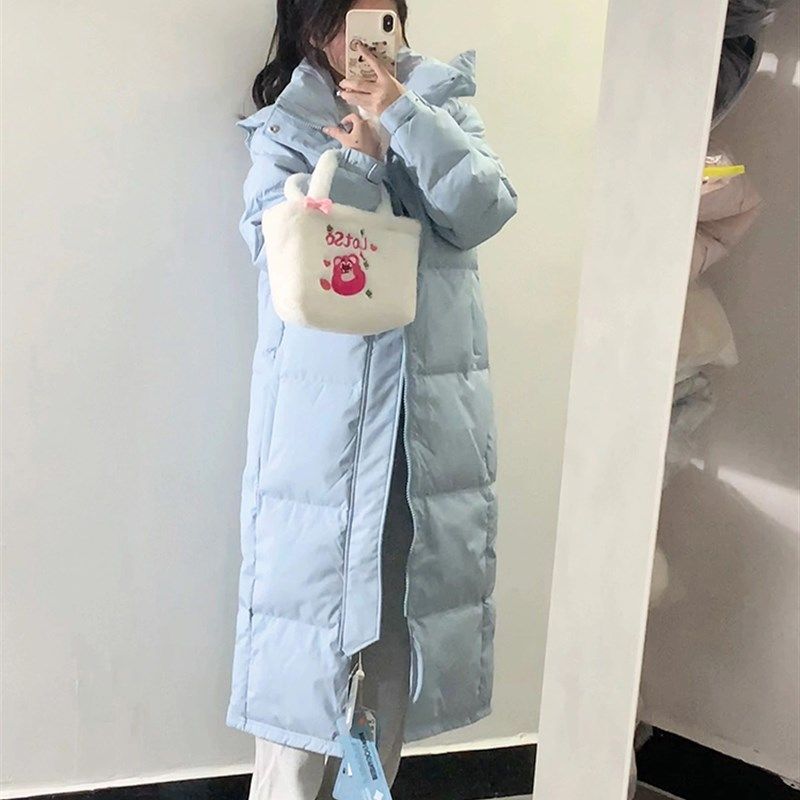 大码韩系蓝色羽绒棉服女中长款过膝2024新款冬季加厚连帽棉衣潮