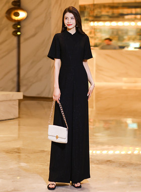黑色前拉链连体裤j女夏气质高级感2024新款高端长款连衣阔腿裤225